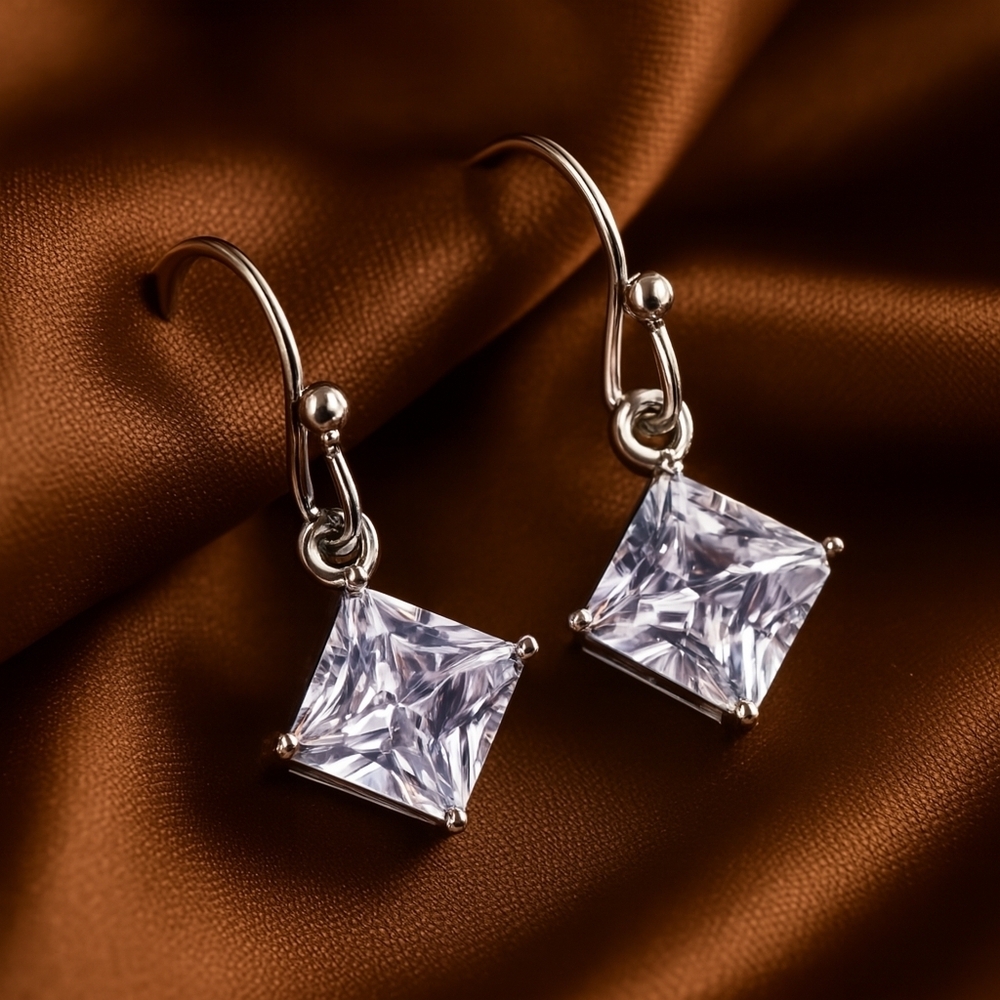 Women’s Silver Crystal Drop Earrings with Square-Cut Cubic Zirconia – Jewelry
